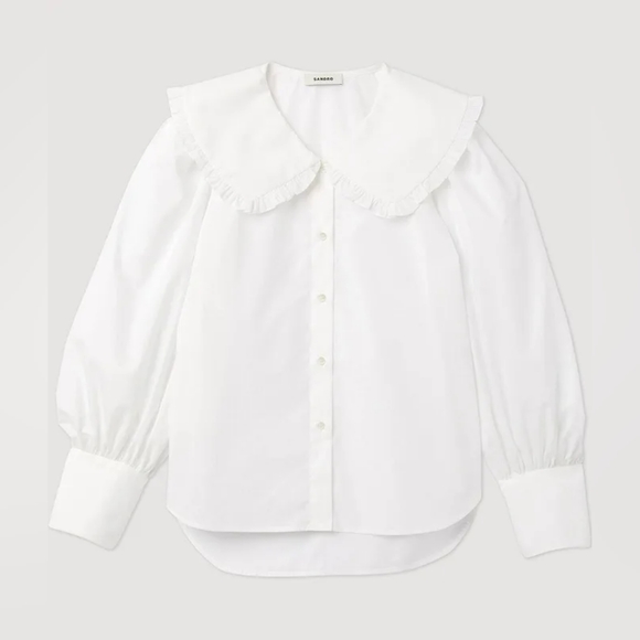 sandro Alda Ruffle Collar Button-Up Shirt in White - Picture 3 of 7